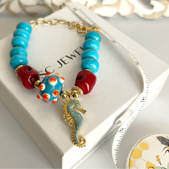 Handcrafted Natural Stone Bracelet Seahorse Turquoise Coral Stone - Picture 1 of 5